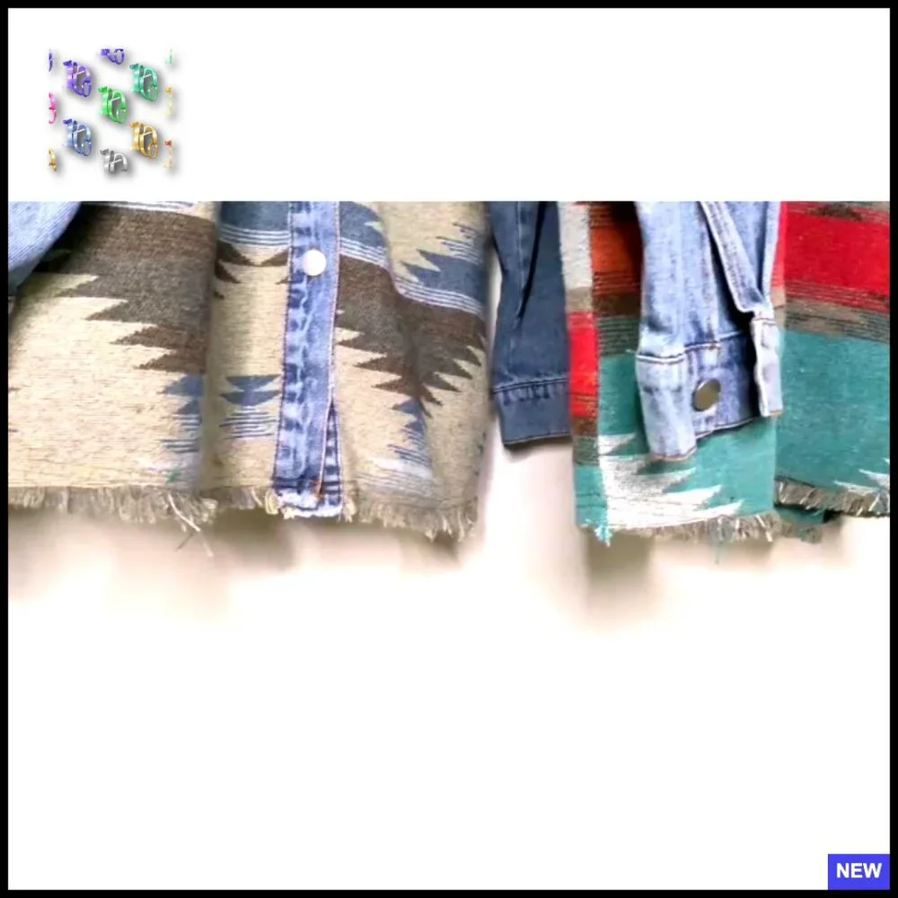 Vintage Aztec Denim Jacket Distressed Lapel Long Sleeve Button Down Shacket - Picture 7 of 7